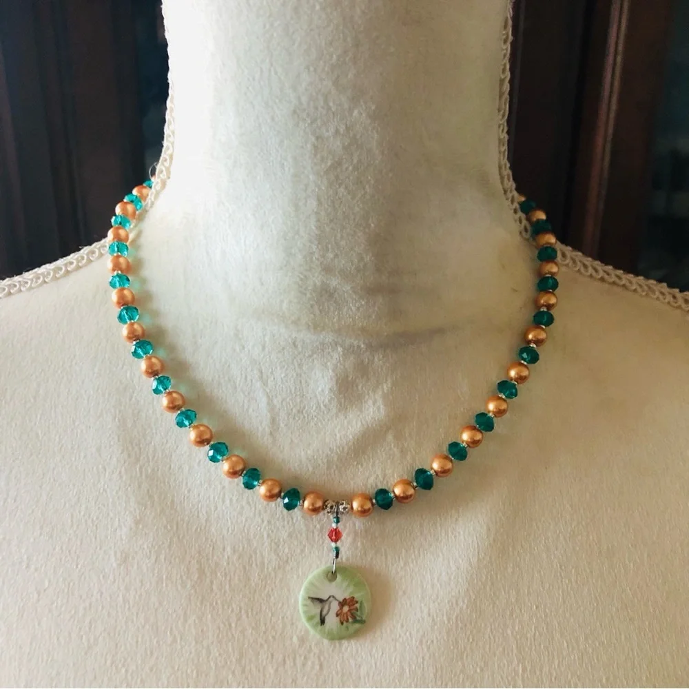 Handcrafted repurpose porcelain hummingbird disc Czech glass pearl necklace